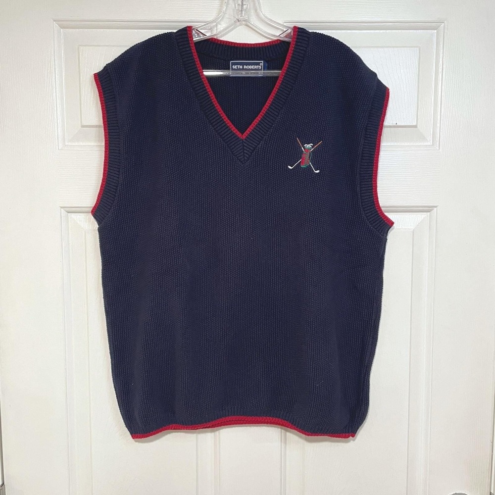 VTG 90s Seth Roberts Cotton Knit Sweater Vest Mens‎ L Navy Blue Red Embroid Golf
